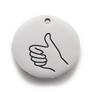 316 Surgical Stainless Steel Pendants, ASL Pendants, Flat Round with Gesture Language, Stainless Steel Color, Thumbs Up Sign, 25x2mm, Hole: 2mm(X-STAS-F257-03P)