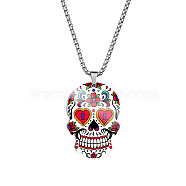 Stainless Steel Skull with Flower Pendant Necklaces, Halloween Jewelry for Women, Red, 23.62 inch(60cm)(SKUL-PW0001-138E)