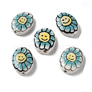 Handmade Porcelain Beads, Famille Rose Porcelain, Oval with Flower, Turquoise, 19x14~16x5~6mm, Hole: 1.2mm(PORC-G011-04E)