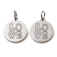 304 Stainless Steel Charms, Laser Cut, with Jump Ring, Stainless Steel Color, Flat Round with Word Love Charm, 13.5x12x1mm, Hole: 3.6mm(STAS-D050-07P-10)