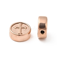 Ion Plating(IP) 304 Stainless Steel Beads, Flat Round with Cross, Rose Gold, 10.5x4.5mm, Hole: 1.6mm(STAS-C055-04RG)