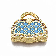 Brass Micro Pave Cubic Zirconia Enamel Pendants, Nickel Free, Bag, Real 16K Gold Plated, Steel Blue, 17.5x19x5mm, Hole: 3x6mm(ZIRC-Q200-021A-NF)