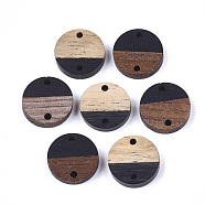 Resin & Walnut Wood Links connectors, Flat Round, Black, 15~15.5x3~4mm, Hole: 1.8mm(RESI-S367-02E-08)