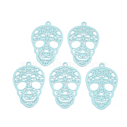430 Stainless Steel Filigree Pendants, Spray Painted, Etched Metal Embellishments, Skull, Pale Turquoise, 23x15x0.5mm, Hole: 1.2mm(X-STAS-S108-23C)