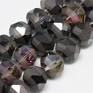 Electroplate Glass Beads Strands, Rainbow Plated, Frosted, Faceted, Round, Black, 11~12x11~12mm, Hole: 1.5mm, about 50pcs/strand, 22.83 inch(EGLA-Q085-12mm-08)