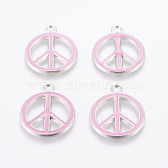 Alloy Enamel Pendants, Lead Free and Cadmium Free, Peace Sign, Platinum Metal Color, Pink, 29x24.5x2mm, Hole: 3mm(ENAM-P066-3)