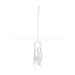 Iron Woven Web/Net with Feather Pendant Decorations, with Iolite and Resin Beads, Covered with Leather Cord, Flat Round, White, 501mm(AJEW-B017-01)