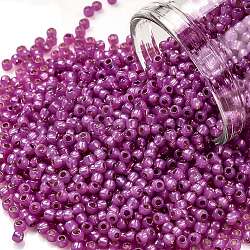 TOHO Round Seed Beads, Japanese Seed Beads, (2107) Translucent Silver-Lined Milky Hot Pink, 11/0, 2.2mm, Hole: 0.8mm, about 1103pcs/10g(X-SEED-TR11-2107)