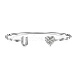 Anti-Tarnish Heart & Letter Rhodium Plated 925 Sterling Silver Micro Pave Cubic Zirconia Cuff Bangles for Women, Letter U, 0.2~0.8cm, Inner Diameter: 1-7/8x2-1/4 inch(4.85x5.65cm)(BJEW-C062-01U-P)