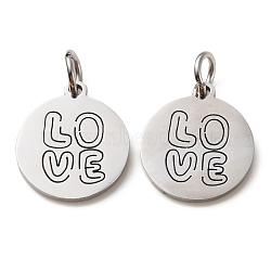 304 Stainless Steel Charms, Laser Cut, with Jump Ring, Stainless Steel Color, Flat Round with Word Love Charm, 13.5x12x1mm, Hole: 3.6mm(STAS-D050-07P-10)