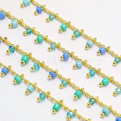 Brass Glass Handmade Beaded Chains, Soldered, Nickel Free & Cadmium Free & Lead Free, Golden, Royal Blue, 5.5x2mm(X-CHC-I006-03G-NF)