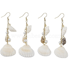 Bohemian Style Natural Shell Dangle Earrings with Glass Pearl Beads, 304 Stainless Steel Long Drop Earrings, WhiteSmoke, 80~82x27~30mm(EJEW-JE05546)
