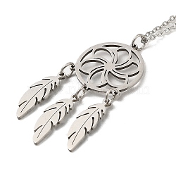 201 Stainless Steel Pendnat Necklace with Cable Chains, Web with Feather, Stainless Steel Color, 19.61~19.65 inch(49.8~49.9cm)(NJEW-E102-01P-05)