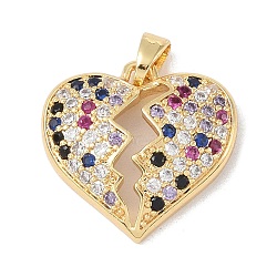 Brass Micro Pave Cubic Zirconia Pendants, Broken Heart, Colorful
, Real 18K Gold Plated, 19.5x20x4.5mm, Hole: 5x2.5mm(KK-P273-10B-G)