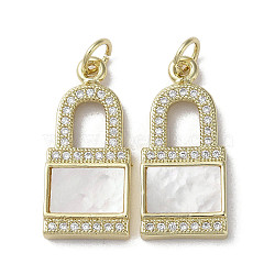 Brass Micro Pave Cubic Zirconia Pendants, with Shell, Lock, Real 18K Gold Plated, 23x10.5x3mm, Hole: 3mm(KK-G485-03G)