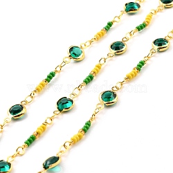 Handmade Brass Flat Round Link Chains, with Glass Beads, Soldered, with Spool, Long-Lasting Plated, Golden, Green, 19x2.5x2mm, 13x7x3mm(CHC-M022-03G)