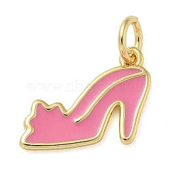 Rack Plating Brass Enamel Charmss, with Jump Ring, Long-Lasting Plated, Lead Free & Cadmium Free, Real 18K Gold Plated, High-heeled Shoes Charm, Hot Pink, 10x14x1mm, Hole: 3mm(KK-K392-16A-02)