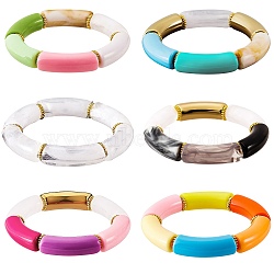 Chunky Curved Tube Beads Stretch Bracelets Set, Acrylic & CCB Plastic Beads Stackable Bracelets for Women, Mixed Color, Inner Diameter: 2 inch(5.2cm), 6pcs/set(BJEW-SW00023)