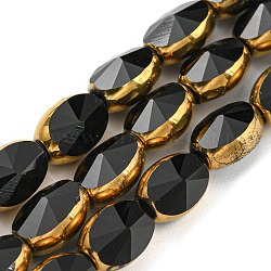 Electroplate Glass Beads Strands, with Golden Plated Edge, Faceted Oval, Black, 8~9x6.5x5mm, Hole: 1.2mm, about 37pcs/strand, 23.78 inch(60.4cm)(X-EGLA-G037-03A-HP07)