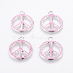 Alloy Enamel Pendants, Lead Free and Cadmium Free, Peace Sign, Platinum Metal Color, Pink, 29x24.5x2mm, Hole: 3mm(ENAM-P066-3)