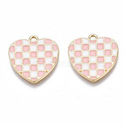 Alloy Enamel Pendants, Cadmium Free & Nickel Free & Lead Free, Light Gold, Heart with Plaid, Pink, 17x17x1.5mm, Hole: 1.6mm(PALLOY-N170-020C-NR)