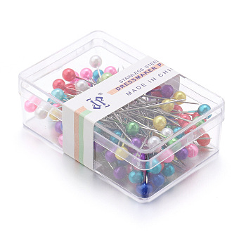 Steel Ball Positioning Head Pins, whit Plastic Pearl, for Handcrafted Garment Head, 100 Pieces/Box, Stainless Steel Color, Mixed Color, 37x4mm, pin: 1mm