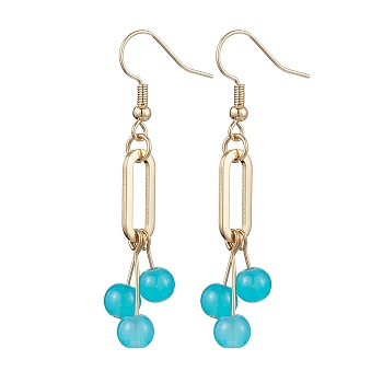 Imitation Jade Glass Dangle Earrings, with 304 Stainless Steel Earring Hooks, Round, Golden, Light Sky Blue, 53mm