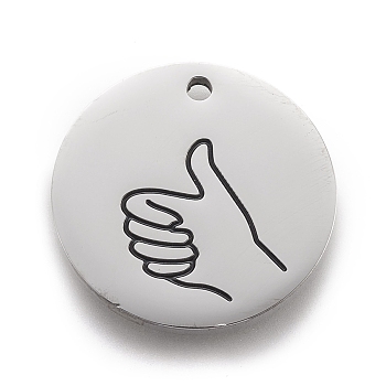 316 Surgical Stainless Steel Pendants, ASL Pendants, Flat Round with Gesture Language, Stainless Steel Color, Thumbs Up Sign, 25x2mm, Hole: 2mm
