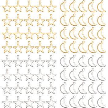 304 Stainless Steel Pendants, Moon and Star, Golden & Stainless Steel Color, 14.5~15x9~12.5x0.8mm, Hole: 1~1.2mm, 80pcs/box