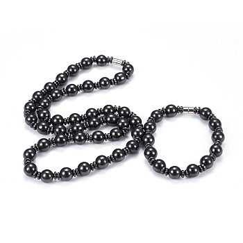 Synthetic Magnetic Hematite Jewelry Sets, Bracelets and Necklaces, with Magnetic Clasps, 25.1 inch(64cm), 8-1/8 inch(20.5cm)