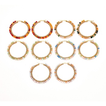 Glass Faceted Round Beads Hoop Earrings, with 304 Stainless Steel Findings and Copper Wire, Golden, Mixed Color, 46x47x4mm, Pin: 1mm