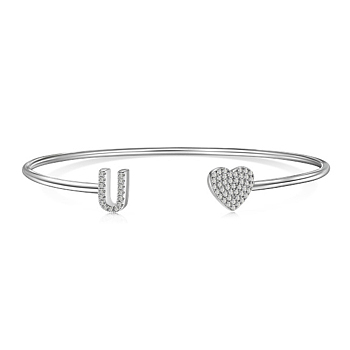 Heart & Letter Rhodium Plated 925 Sterling Silver Micro Pave Cubic Zirconia Cuff Bangles for Women, Letter U, 0.2~0.8cm, Inner Diameter: 1-7/8x2-1/4 inch(4.85x5.65cm) 