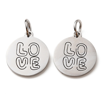 304 Stainless Steel Charms, Laser Cut, with Jump Ring, Stainless Steel Color, Flat Round with Word Love Charm, 13.5x12x1mm, Hole: 3.6mm