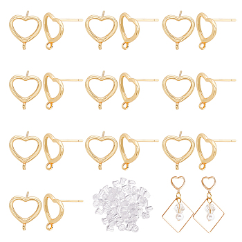 BENECREAT Brass Stud Earring Findings, Heart, with Vertical Loops and Plastic Ear Nuts, Light Gold, Stud Earring Findings: 13x12mm, Hole: 1.2mm, Pin: 0.7mm, 10 pairs, Ear Nuts: 4x4mm, Hole: 20pcs