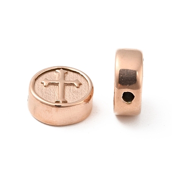 Ion Plating(IP) 304 Stainless Steel Beads, Flat Round with Cross, Rose Gold, 10.5x4.5mm, Hole: 1.6mm
