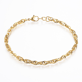 304 Stainless Steel Rope Chain Anklets, with Lobster Clasps, Golden, 8-1/4 inchx1/8 inchx1/8 inch(210x4x0.8mm)