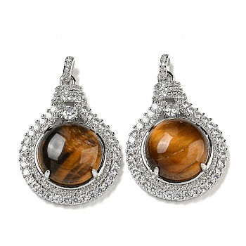 Natural Tiger Eye with Clear Cubic Zirconia Pendants, Lamp Bulb Charms with Rack Plating Brass Findings, Platinum, Cadmium Free & Lead Free, 35x25x8.8~9.6mm, Hole: 2.8x3.9mm