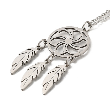 201 Stainless Steel Pendnat Necklace with Cable Chains, Web with Feather, Stainless Steel Color, 19.61~19.65 inch(49.8~49.9cm)