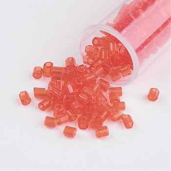 11/0 Two Cut Round Hole Glass Seed Beads, Hexagon, Transparent Colours, Light Salmon, 2x2mm, Hole: 0.5mm, about 41000pcs/pound