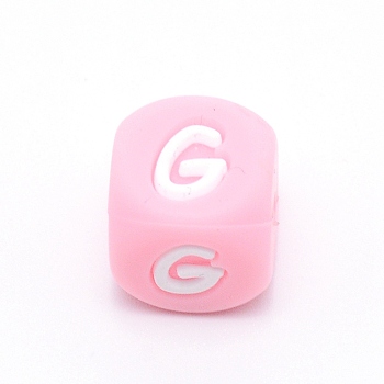 Silicone Alphabet Beads for Bracelet or Necklace Making, Letter Style, Pink Cube, Letter.G, 12x12x12mm, Hole: 3mm