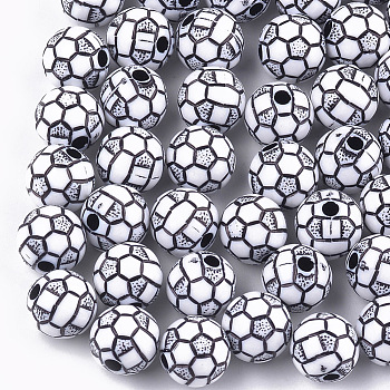 Craft Style Acrylic Beads, Sports Beads, FootBall/Soccer Ball, White, 10x9.5mm, Hole: 2mm