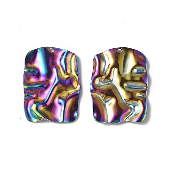 Ion Plating(IP) 304 Stainless Steel Pendants, Textured, Rectangle Charm, Rainbow Color, 33x25x2.5mm, Hole: 1.6mm