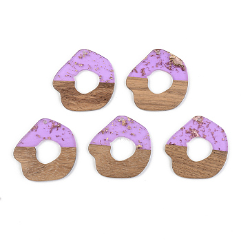Transparent Resin & Walnut Wood Pendants, with Gold Foil, Lilac, 38x38x3mm, Hole: 2mm