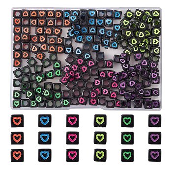 210Pcs 6 Colors Opaque White Acrylic European Beads, Large Hole Beads, Cube with Heart, Black, 7x7x7mm, Hole: 4mm, 35pcs/color