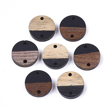 Resin & Walnut Wood Links connectors, Flat Round, Black, 15~15.5x3~4mm, Hole: 1.8mm