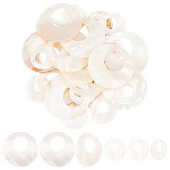 32Pcs 2 Styles Natural Freshwater Shell Pendants, Flat Round Charms, Creamy White, 25~45x2~3mm, hole: 1~1.5mm