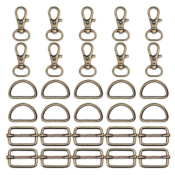 30Pcs Alloy Swivel Clasp & D-Ring & Tri-Glide Adjuster Buckles Set, for Purse Making, Antique Bronze