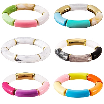 Chunky Curved Tube Beads Stretch Bracelets Set, Acrylic & CCB Plastic Beads Stackable Bracelets for Women, Mixed Color, Inner Diameter: 2 inch(5.2cm), 6pcs/set