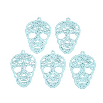 430 Stainless Steel Filigree Pendants, Spray Painted, Etched Metal Embellishments, Skull, Pale Turquoise, 23x15x0.5mm, Hole: 1.2mm