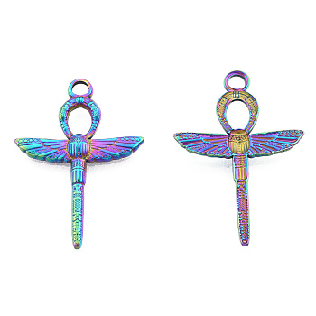 Ion Plating(IP) 201 Stainless Steel Pendants, Ankh Cross with Wing, Rainbow Color, 30.5x21.5x2.5mm, Hole: 2.5mm